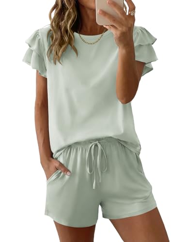 Image of Ekouaer Womens Pajama Sets 2 Piece Ruffle Sleeves Top and Shorts Pjs | Soft Sleepwear Cute Loungewear Set with Pockets for Sleep, Lounge, Wedding, Party, Bridal