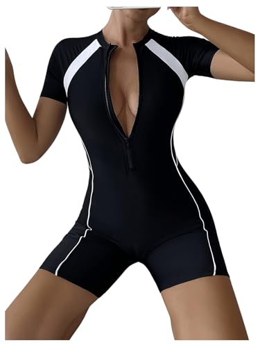 OYOANGLE Women's Colorblock Zipper Front Sport One Piece Swimsuit Shorts Romper Bathing Suit Swimwear3