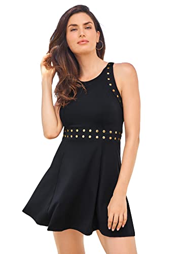 Swimsuits For All Swim 365 Women's Plus Size High-Neck Studded Swim Dress - 26, Black Gold