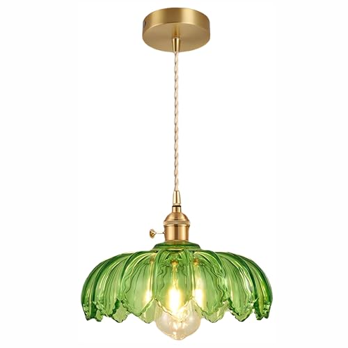 OURLOVEII Modern Grün Glas Hängelampe E27 Küche Pendelleuchte mit Messingschalter Höhenverstellbar Küchenlampe Hängend Glas Esstischlampe für Esszimmer Esstisch Flur Schlafzimmer Ø25 cm