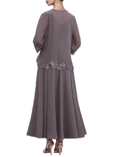 Beaded 2 Piece Tea Length Mother of The Bride Dresses for Wedding with Jacket 3/4 Sleeve Lace Formal Evening Gown3