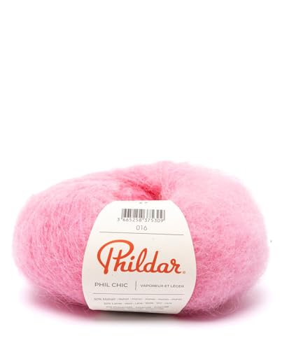 Phildar - Pelote de Laine Phil Chic - Laine à Crocheter et à Tricoter - 32% LAINE,16% POLYAMIDE,2% ELASTHANNE,50% KID MOHAIR - Aiguille n°6 - Couleur ROSE