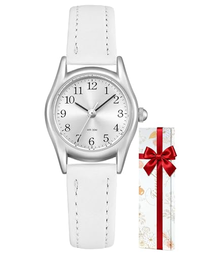 CIVO Klein Lederarmband Armbanduhr Damen: Minimalistisch Weiß Analog Damenuhr für Schmale Handgelenke - Geschenke zum Jahrestag Valentinstag