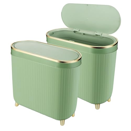 Image of VZZNN 2 Pack Bathroom Trash Can with Lid,3.2 Gallon Slim Garbage Can with Pop-Up Lid Small Waste Basket for Bedroom,Living Room,Office,Dog Proof,Green