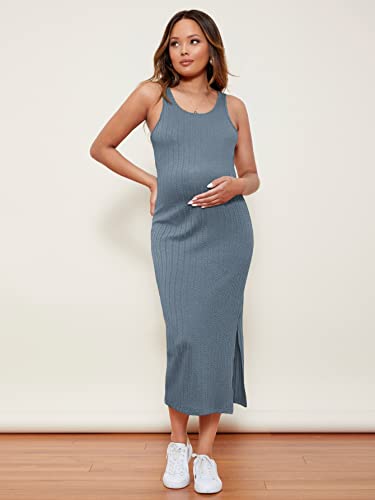 Romwe Women's Maternity Rib Knit Split Side Sleeveless Bodycon Tank Pencil Dress Dusty Blue L #TOP2
