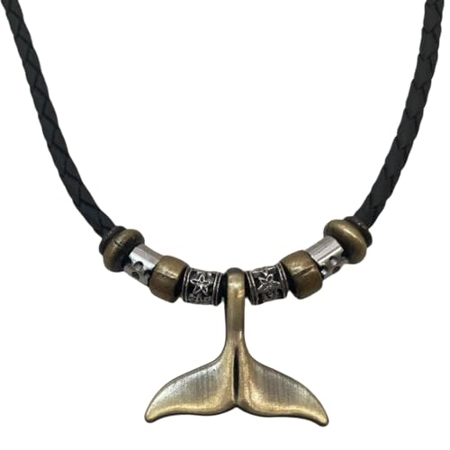 Men Women's Whale Tail Pendant Necklace with Black Braided Leather Cord, Vintage Tribal Boho Hipppie Style