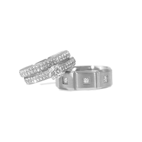 Couple Rings Matching Rings White Gold Plated 1CT AAA CZ 2pcs Women Wedding Ring Sets for Him and Her Rings Men Band2