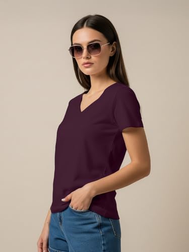 Image of JUNEBERRY Cotton Lycra Regular Fit V- Neck Solid Core Half Sleeves T-Shirt for Women & Girls (Colors Available: Black, Green, Magenta, Blue, Orange & Limeade)