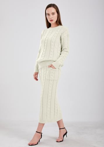 Image of chouyatou Women Winter Casual Chunky Cable Knit Long Pencil Skirt 2 Piece Outfit Oversized Pullover Sweater Sets