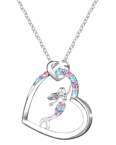 FUGLUS Collier sirène en argent sterling 925 avec pendentif en forme de cœur - Bijou océan, inspiré sirène et océan, bijou cadeau pour femmes et sœurs, design fantaisie