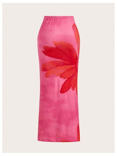 OYOANGLE Women's Floral Bodycon Maxi Skirt Elastic High Waisted Side Slit Beach Vacation Skirts3