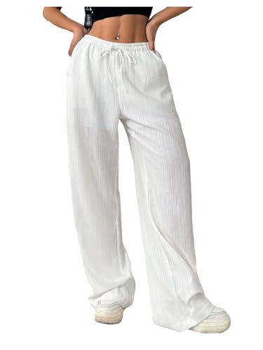 SHENHE Women's Wide Leg Pants Textured Baggy Pants Trousers Casual Lounge Y2k Pants White Small