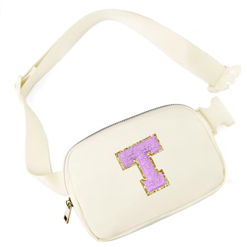 Image of Gitus Gifts for 8 9 10 11 12 Year Old Girls Belt Bag Fanny Pack Crossbody Bags with Initial Letter Patch Cute Stuff Birthday Gifts for Teen Girls Women Personalized Trend Stuff (Ivory-T)