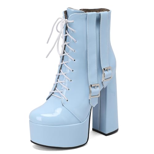 Roimaash Sweet Patent Gothic Boots Platform for Women Ankle High Boots Block Heels Punk Boots