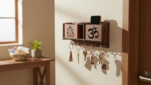 Image of Premium Wooden Wall Mounted Key Holder with 3 Organizer Slots for Home & Office | Laser-Cut Ganesha & Om Design Key Stand for Wall | Decorative Mail & Mobile Holder with 8 Sturdy Metal Hooks