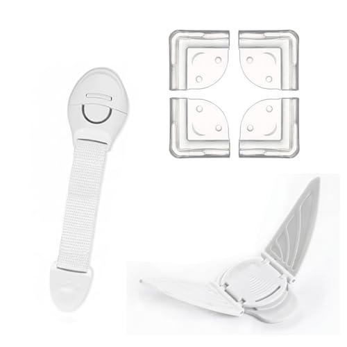 Image of Safe-O-Kid Safety Lock Combo | 4 Smiley Shaped Corner Protectors, 1 Butterfly Safety Lock & 1 Nylon Safety Lock | Childproofing Kit for Cabinets, Drawers & Furniture Safety - Assorted