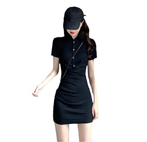 Robe d'été vintage en coton anti-chaleur noire à boutons
