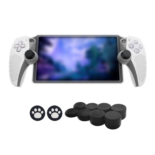 SINWEVR Silicone Protective Cover and Stick Caps Compatible with Playstation Portal, Ergonomic Protective Cover and 10 Thumb Grip Caps Accessories for PS Portal Remote Player (White)