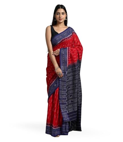 Image of ODISHAHANDLOOM Sambalpuri Pure Cotton Handloom Saree, Traditional Ikat Pattern, Red and Green, Without Blouse