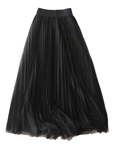 SOLY HUX Tüllrock Damen Lang Sommerrock Mit Gummizug Mesh Rock A Linien Party Rock Lange Röcke Party Outfit Schwarz L
