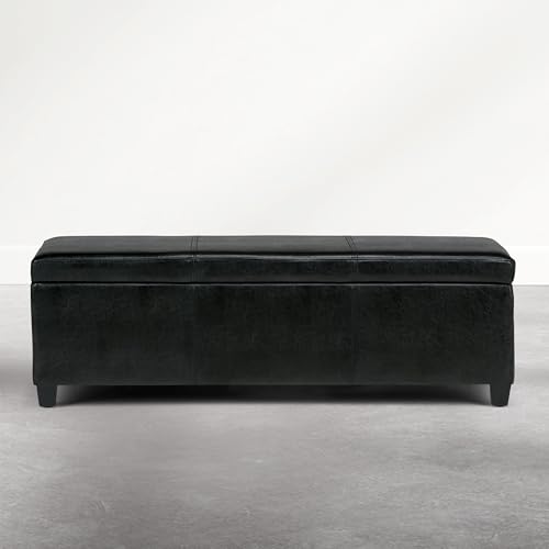 Image of SIMPLIHOME Avalon 48 inch Wide Vegan Leather Ottoman in Carbon Black