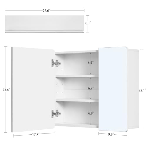 Image of TEENFON Medicine Cabinet Mirror with 2 Doors, Mount or Recessed Bathroom Wall Cabinet, Bathroom Mirror with Storage 3 Adjustable Shelves, White, 27.6 x 22.1 inch