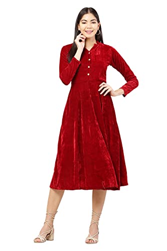 Image of Women's Midi Velvet Short DressWith Band Collar and Sleeve
