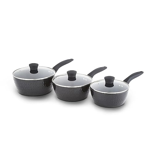 Tower Diamo 3 Piece Cookware Set, 18cm/20cm/22cm Saucepans with Tempered Glass Lids, Black Diamond Non-Stick Ceramic Coating, Black