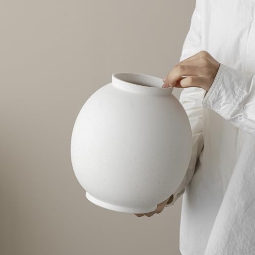 Jarrón grande de cerámica, blanco, forma redonda, 21,8 cm de alto, 18 cm de ancho, 10,3 cm de diámetro de apertura, jarrón decorativo (bola blanca)