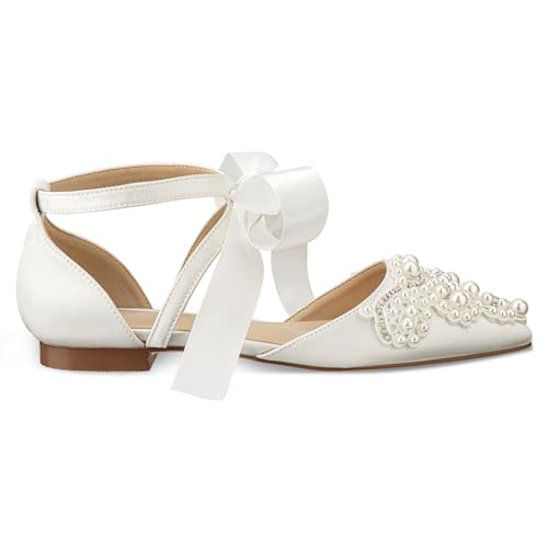 Women's Wedding Flat Pearl Rhinestone Pointed Toe Ivory Satin Ribbon Tie Bridal Shoes2