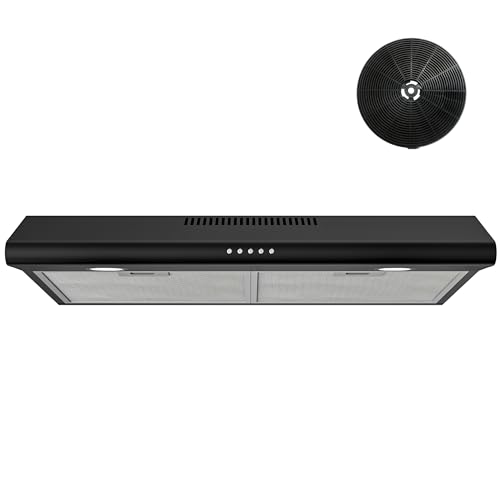 Comparison: Best Height For Range Hood 5 FIREGAS 30 Inch Black Under Cabinet Range Hood, Ducted/Ductless Convertible Kitchen Vent Hood with LED Light, 3-Speed Exhaust Fan, Push Button Control, Slim Stove Hood for Modern Kitchen