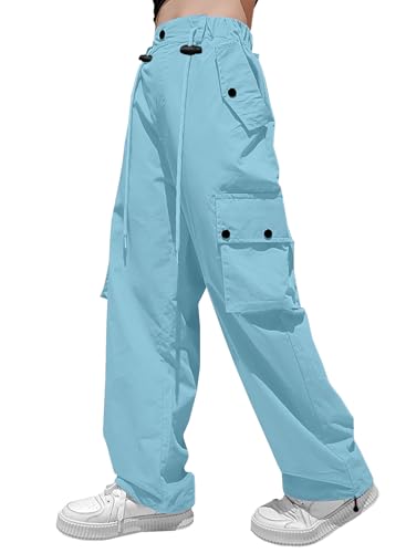 Image of HENGAO Girls Cargo Pants Parachute Casual Jogger Y2K 5-14 Years | Kids Baggy pants Parachute, Drawstring, with Pockets, Elastic High Waist, Loose Trousers Streetwear