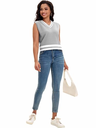 Image of Womens Cropped Sweater Vest V Neck Sleeveless Loose Fit Tank Tops Striped Knit Lightweight Pullover Fall Sweaters