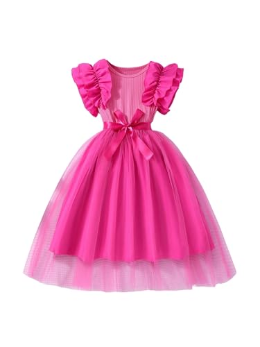 OYOANGLE Girl's Ruffle Cap Sleeve Belted Mesh Short Dress Party Flower Girl Dresses