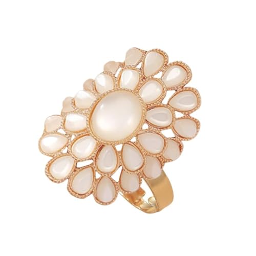 Bague En Forme De Fleur d'Opale Exagérée Pour Femme Plaquée Or Avec Pierre De Naissance Blanche Grande Et Réglable Ouverte Confortable Bohème Mariage...