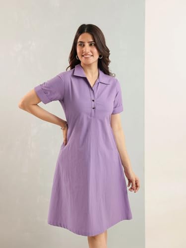 Image of Amazon Brand - INKAST Women Wide Collared Solid A -line Bottuned Mini Dress with Pockets | Summer Outfits | 100% Cotton | Casual Wear | One Piece