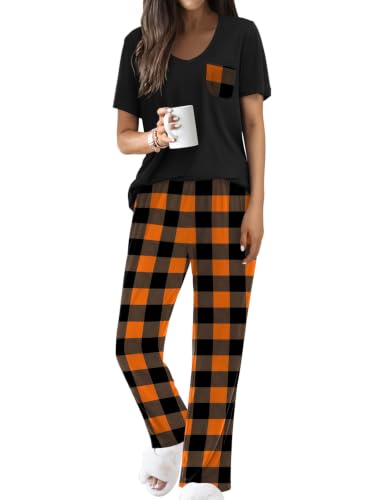 Image of Ekouaer Pajama Sets for Women 2 Piece Short Sleeve Pj V Neck Chest Pocket | Ladies Pajama Sets with Printed Long Pants, Soft Matching Pj Sleepwear, Casual Loose Fall Loungewear, S-XXL