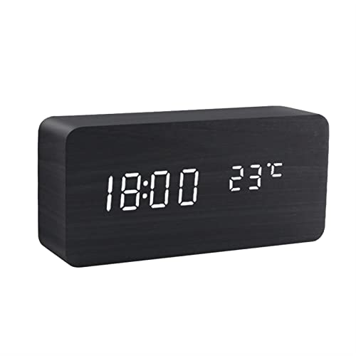 Reloj despertador digital LED de madera con control de voz mesa escritorio USB y AAA
