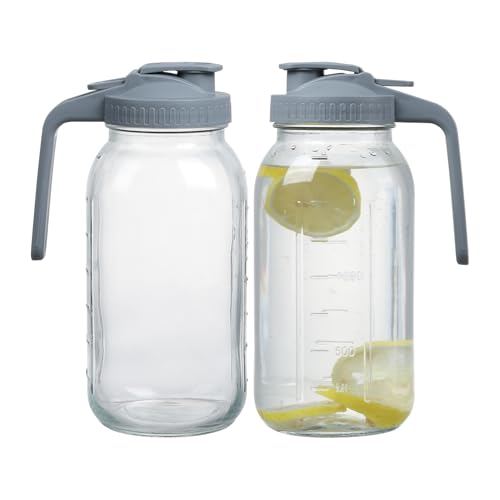 Image of Mason Jar Pitcher 64oz Glas Mason Jars with Pour Spout Lids 2 Pack Pitcher Jug Leak Proof Refrigerator Safe for Milk and Tea