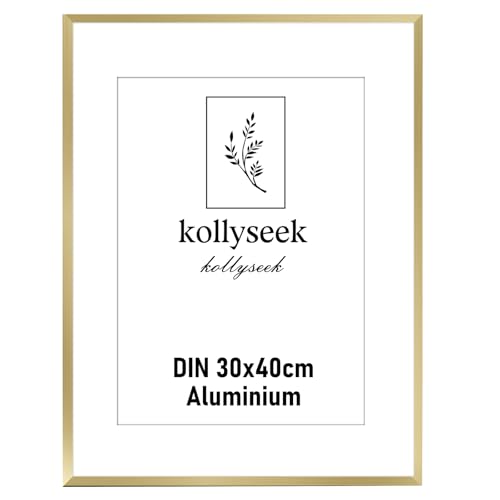 kollyseek Aluminium Frame 30x40cm Gold Metal Poster Frame with Shatterproof Acrylic Glass Modern Picture Frame with Mount for Pictures Poster Photo Gold