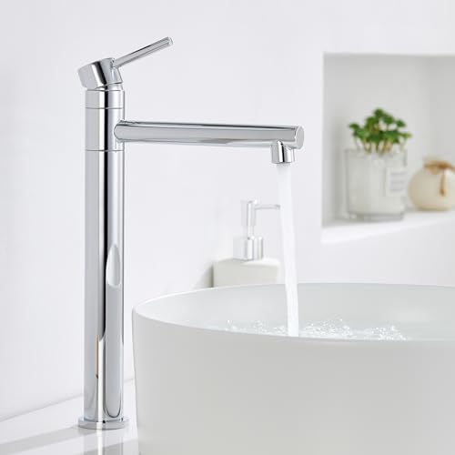 HanCrobiyx Mitigeur Lavabo Vasque à Poser, Robinet Salle de Bain Pivotant à 360°, Robinet Lavabo Haut Chromé pour Vasque, Acier Inox, Chaud et Froid Réglable