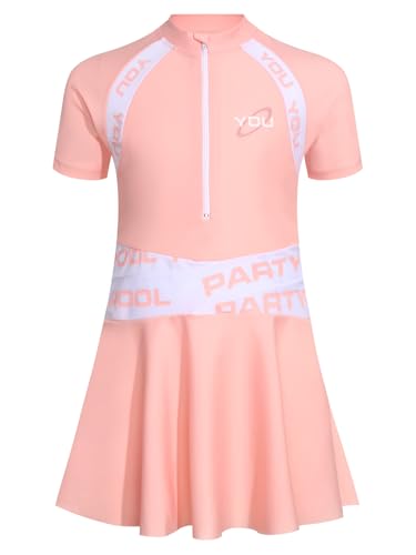 TiaoBug Kids Girls 2 Pieces Bathing Suits Short Sleeve Zip Neck Swimdress Top with Swim Shorts4