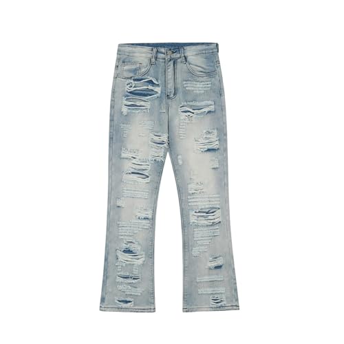 Jeans Pants Trouser Denim Street Trendy Tear Hole Micro Horn Retro Personality Loose Casual Straight Leg for Men