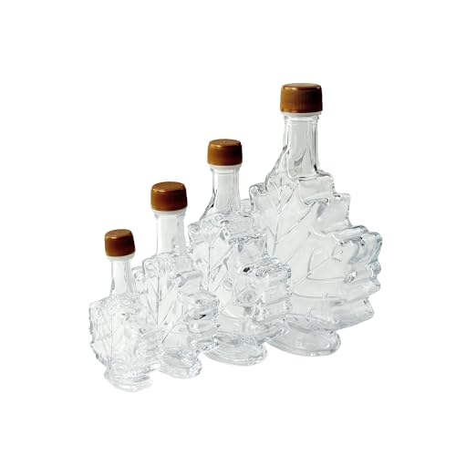 North Mountain Supply Glass Maple Syrup Bottles Reusable Leaf Shaped Glass Bottles with Tamper-Evident Gold Plastic Lids Multi-Size Sampler Set (4 Bottles)