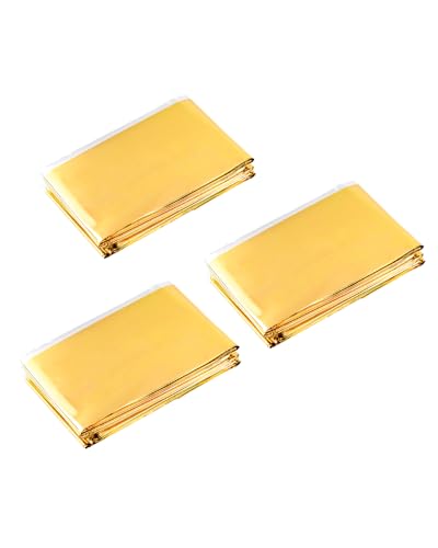 HW CASA 3 Pezzi Coperta Termica Emergenza,Materiale PET Resistente allo Strappo Coperta Termica,Impermeabile Coperta,Riflettente,210 × 160 CM,Oro Argento,Confezionata Singolarmente