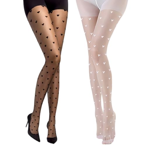 letcdfer Damen Strumpfhose mit Herzen Strumpfhose Herz,Netzstrumpfhose Glitzer Glitzer Strumpfhose Damen Netzstrumpfhose Schwarz und Weiß Strumpfhose Muster für Halloween Weihnachten