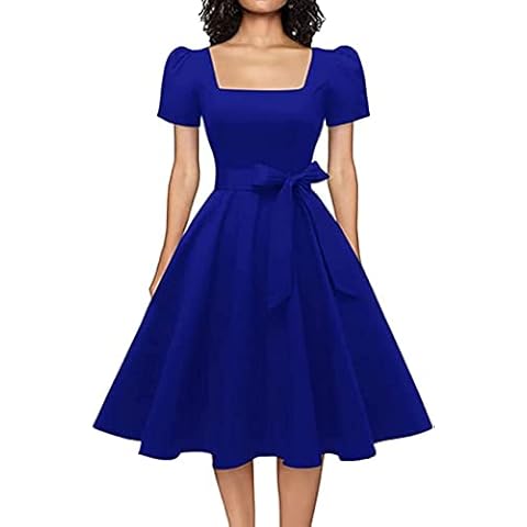 OBBUE Women's Square Neck Dress Vintage 1950s Cocktail Party Dress with Puff Sleeves Royal Blue L Cover