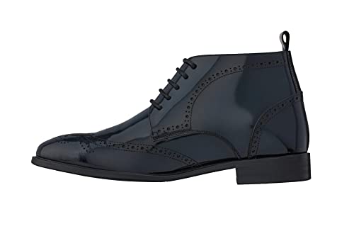 TOTO Men's Invisible Height Increasing Elevator Shoes - Dark Blue Premium Leather Lace-up Wing-Tip Dress Boots - 2.8 Inches Taller - K99603- Size 7 D(M) US3