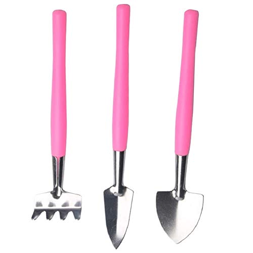 FülleMore Mini Gartenwerkzeug 3er Set Gartengeräte Pflanzwerkzeug Edelstahl Gartenschaufel Spaten Rechen mit Kunststoff Griffe Sukkulenten Topfpflanzen Garten Werkzeug Set (Rosa)