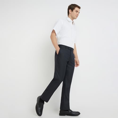 Image of Park Avenue Men's Mid Rise Regular Fit Stripe Pattern Poly Viscose Blend Flat Front Formal Trouser